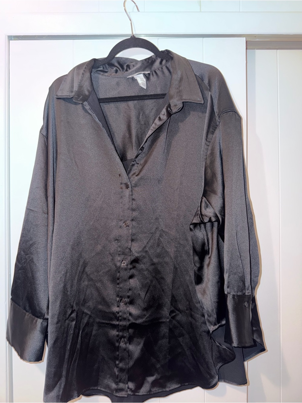 H&M Oversized Black Satin Button-Up Blouse